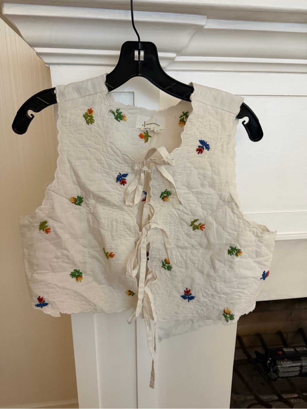 Anthropologie Cream Quilted Tie-Front Crop Top with Multicolor Floral Embroidery